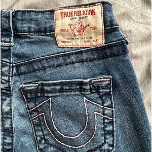 Pink Embroidered Mid Rise Super Skinny True Religion Jeans